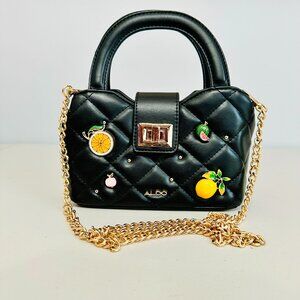 ALDO BONDAR 2-WAY QUILTED FAUX LEATHER FRUITS STUDDED HANDBAG CROSSBODY BLACK